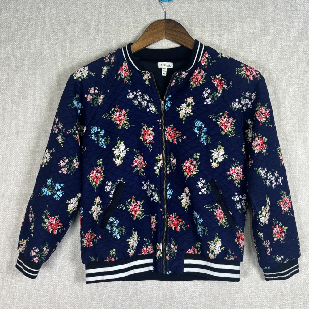 Monteau Girls XL Navy Blue Floral Quilted Bomber Jacket Pockets Lining Full Zip